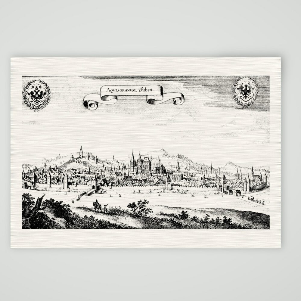 Aachen, Stadtpanorama – Buchreproduktion nach Kupferstich, Kunstdruck auf Leinenpapier