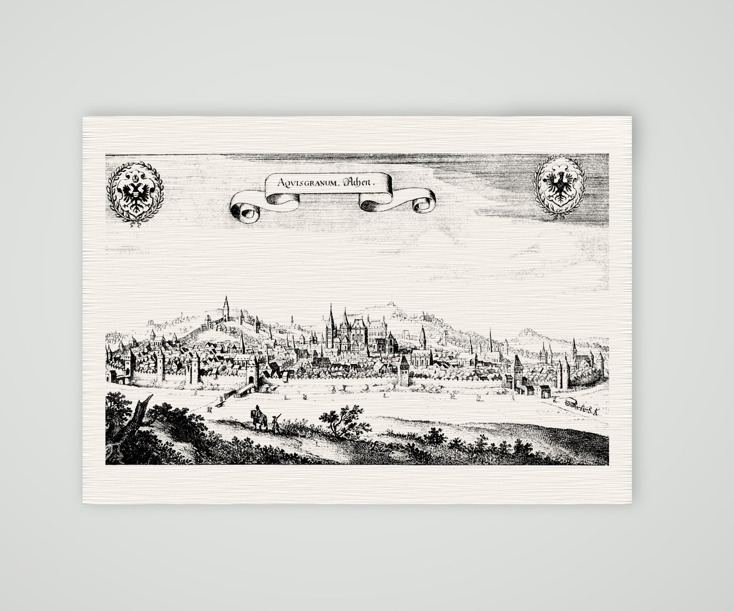 Aachen, Stadtpanorama – Buchreproduktion nach Kupferstich, Kunstdruck auf Leinenpapier