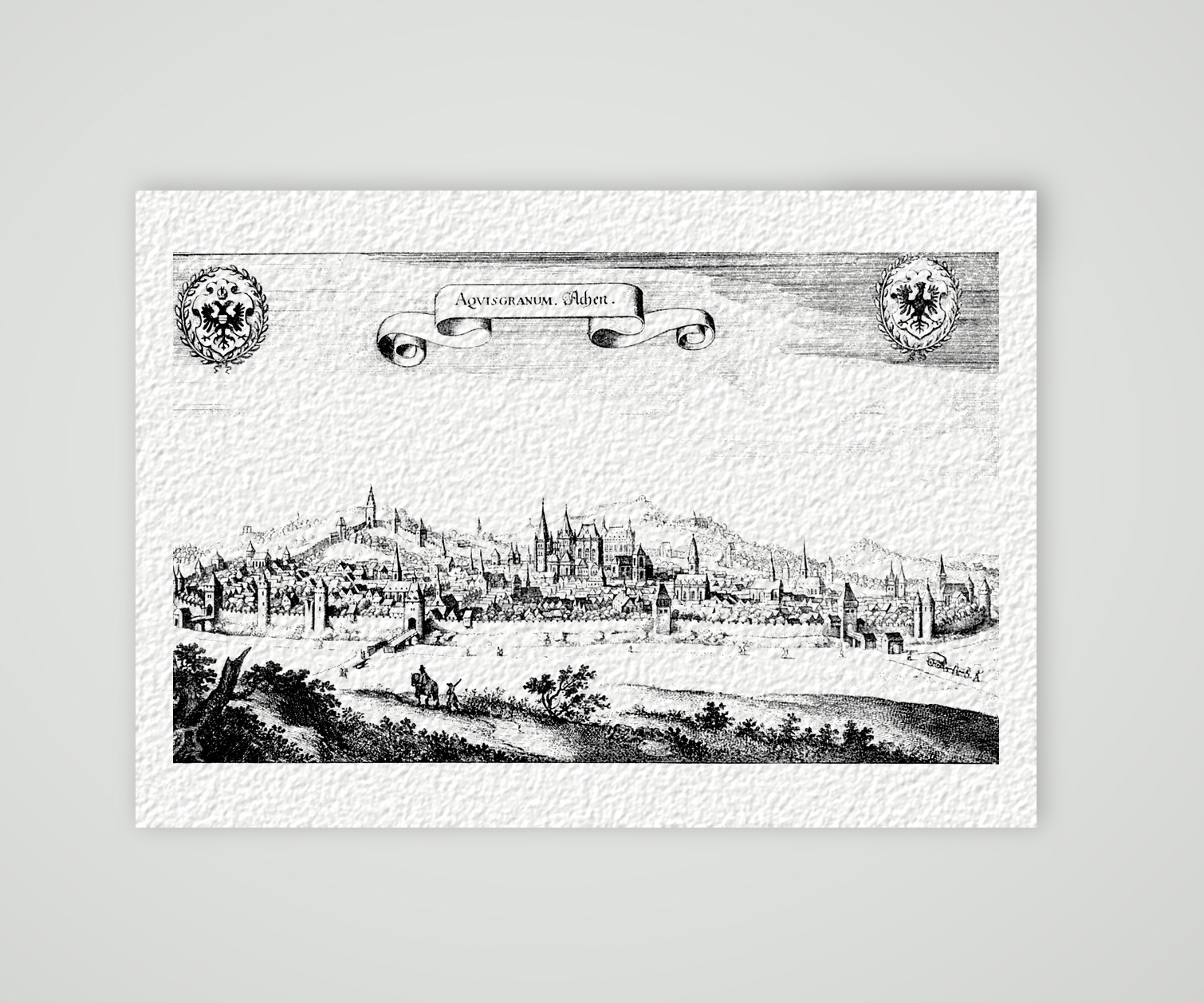 Aachen, Stadtpanorama – Buchreproduktion nach Kupferstich, Kunstdruck auf Hahnemühle-Büttenpapier