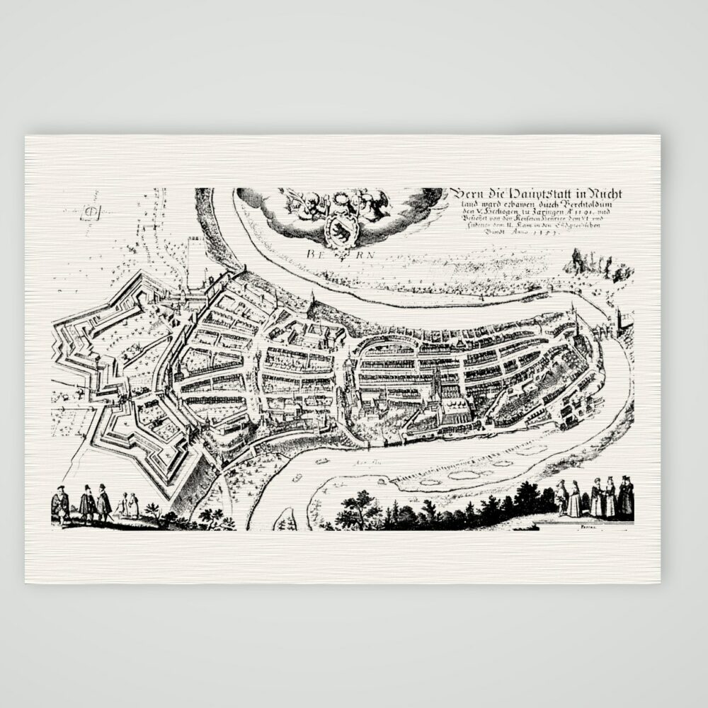 Bern aus der Vogelschau – Buchreproduktion nach Kupferstich, Kunstdruck auf Leinenpapier
