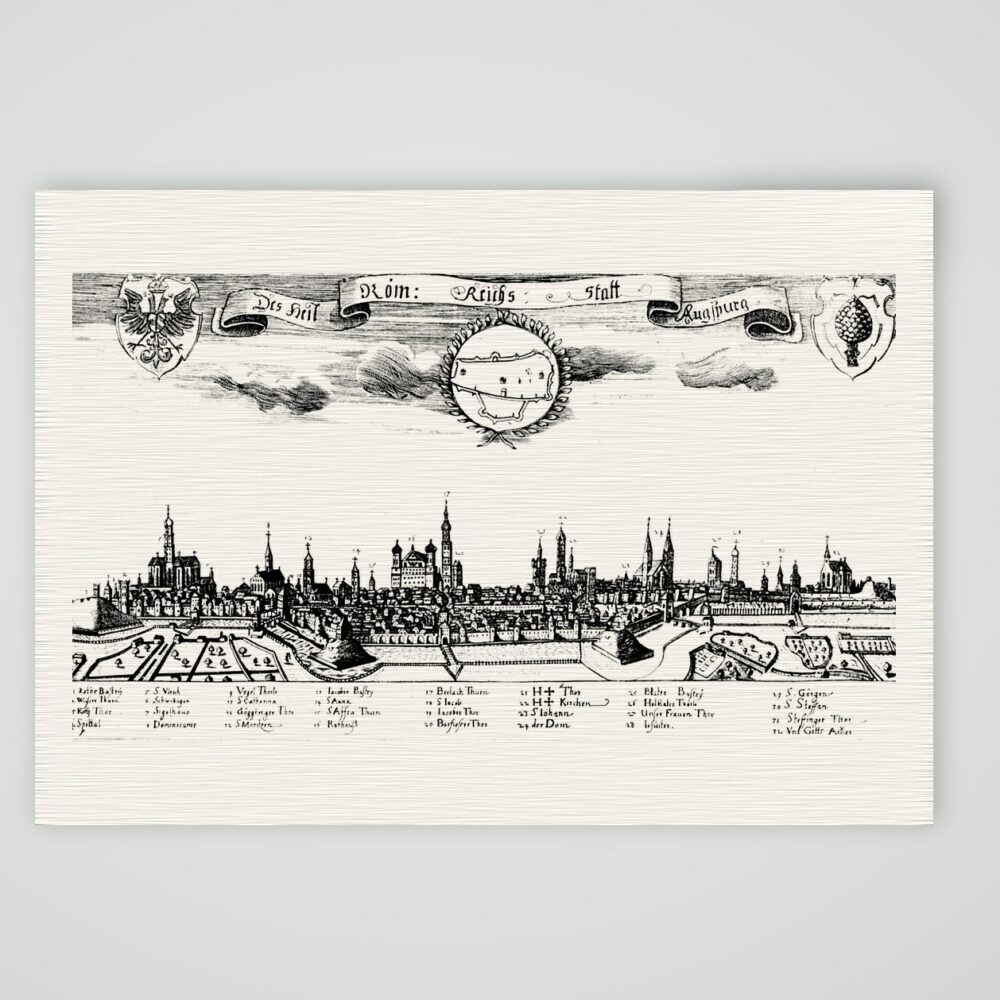 Augsburg, Stadtpanorama – Buchreproduktion nach Kupferstich, Kunstdruck auf Leinenpapier
