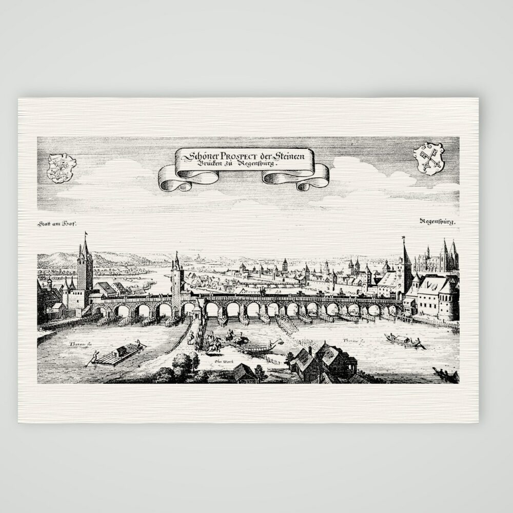 Regensburg, die Steinerne Brücke – Buchreproduktion nach Kupferstich, Kunstdruck auf Leinenpapier