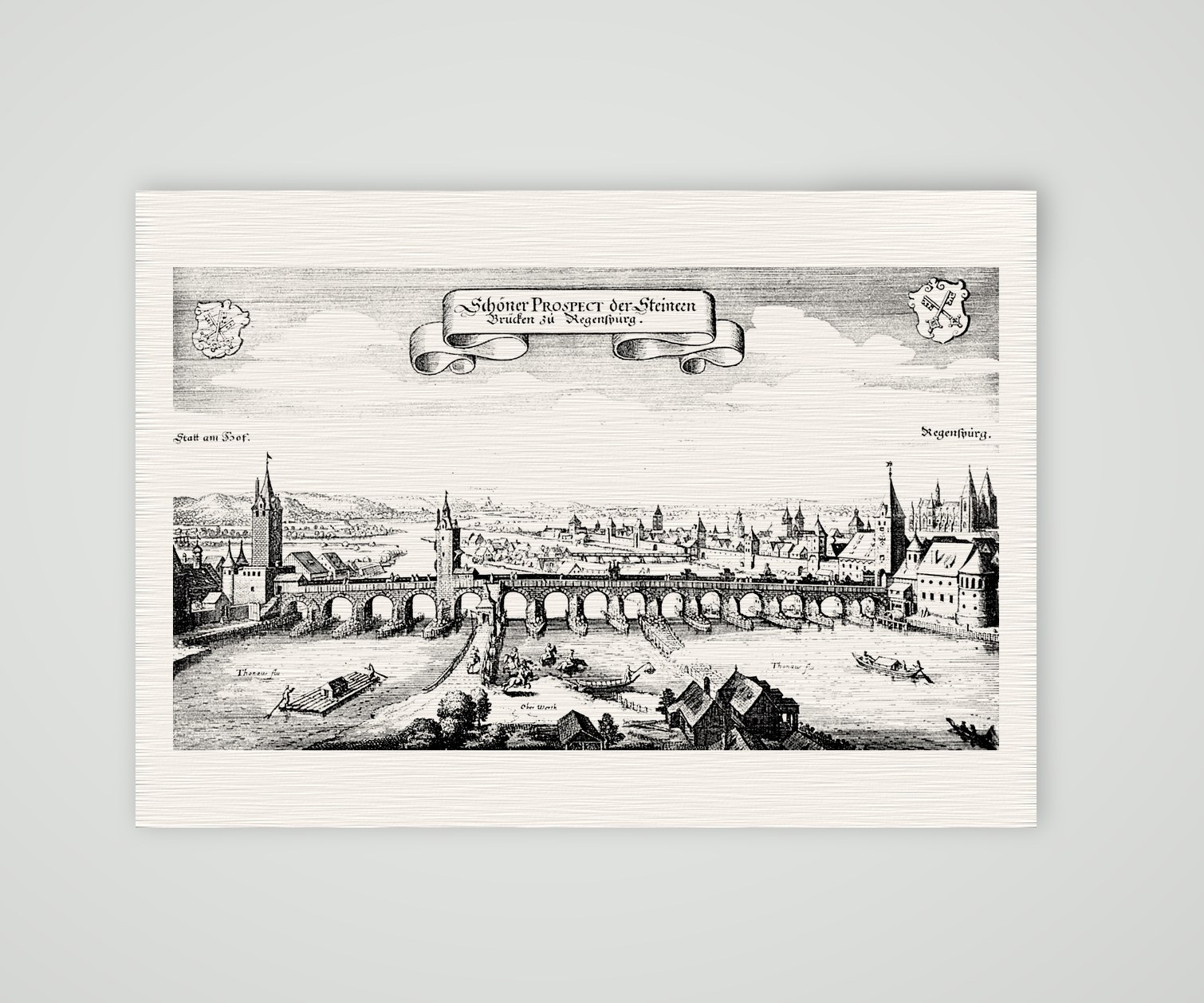 Regensburg, die Steinerne Brücke – Buchreproduktion nach Kupferstich, Kunstdruck auf Leinenpapier