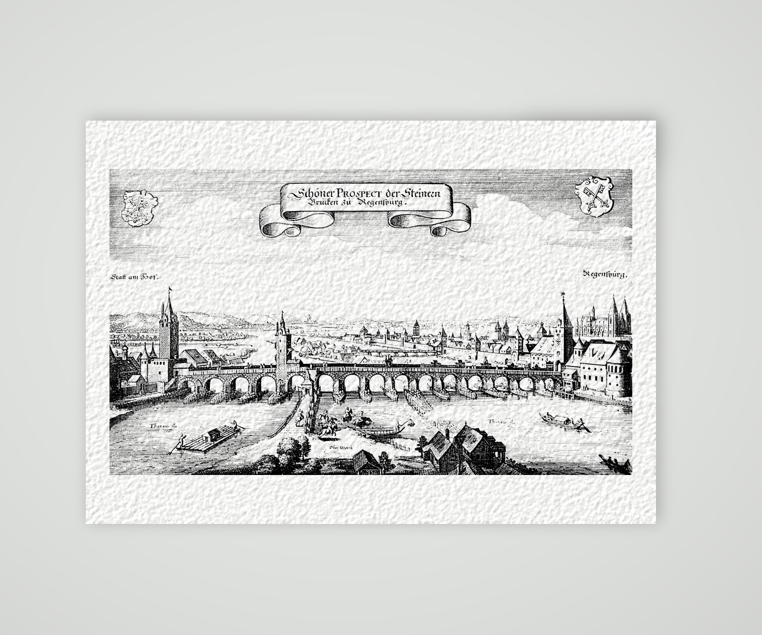 Regensburg, die Steinerne Brücke – Buchreproduktion nach Kupferstich, Kunstdruck auf Hahnemühle-Büttenpapier