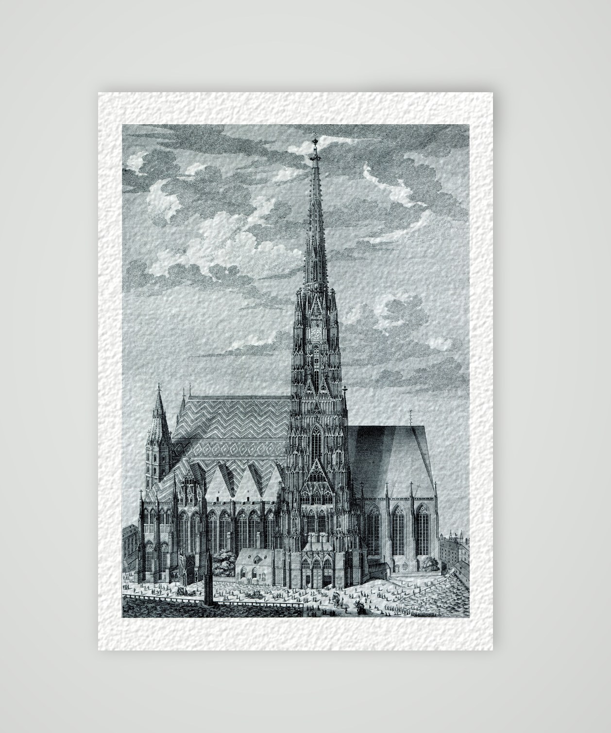 Wien, Stephansdom mit Südturm, Kupferstich von G. D. Heumann nach Salomon Kleiner, 18. Jahrhundert, Kunstdruck auf Hahnemühle-Büttenpapier