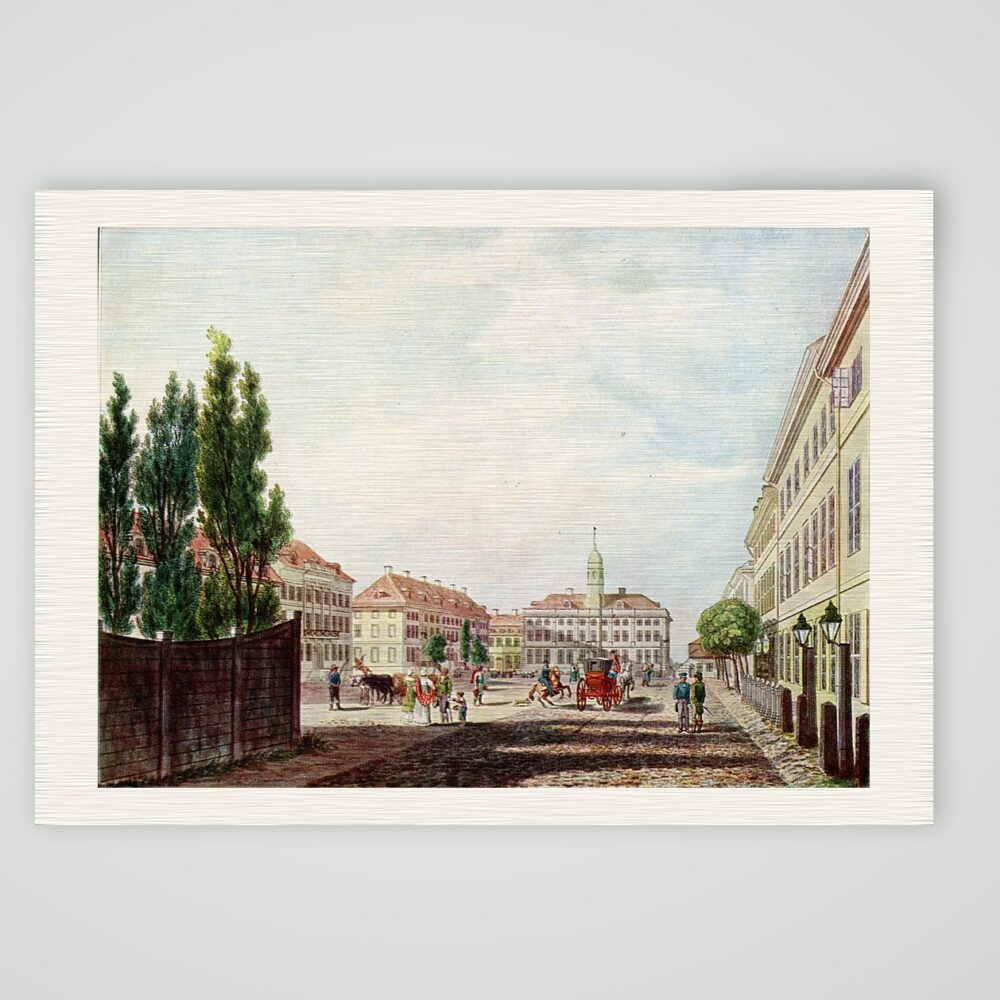 Elbing, der Friedrich-Wilhelm-Platz – Farbige Buchreproduktion nach Radierung, Kunstdruck auf Leinenpapier