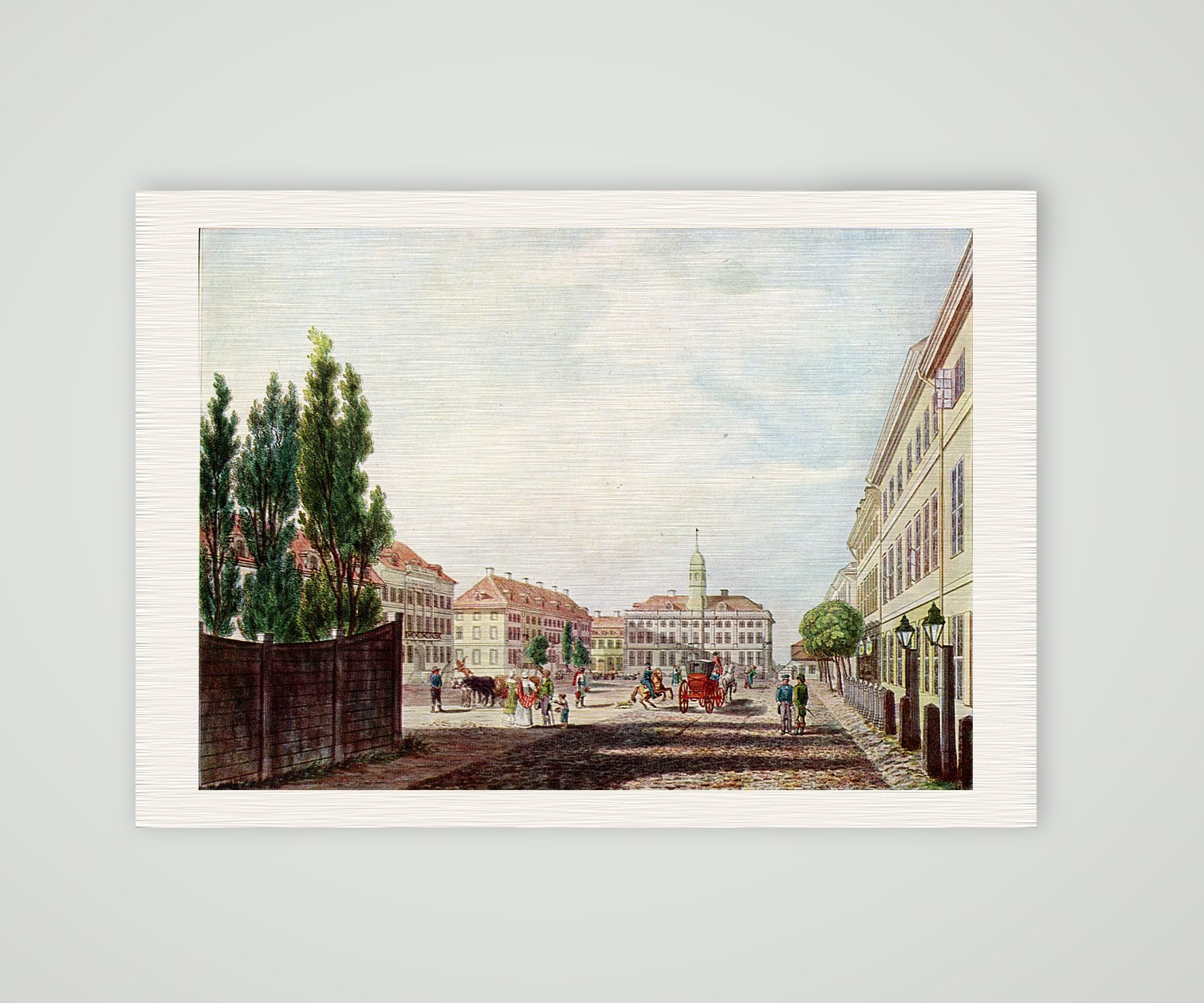 Elbing, der Friedrich-Wilhelm-Platz – Farbige Buchreproduktion nach Radierung, Kunstdruck auf Leinenpapier