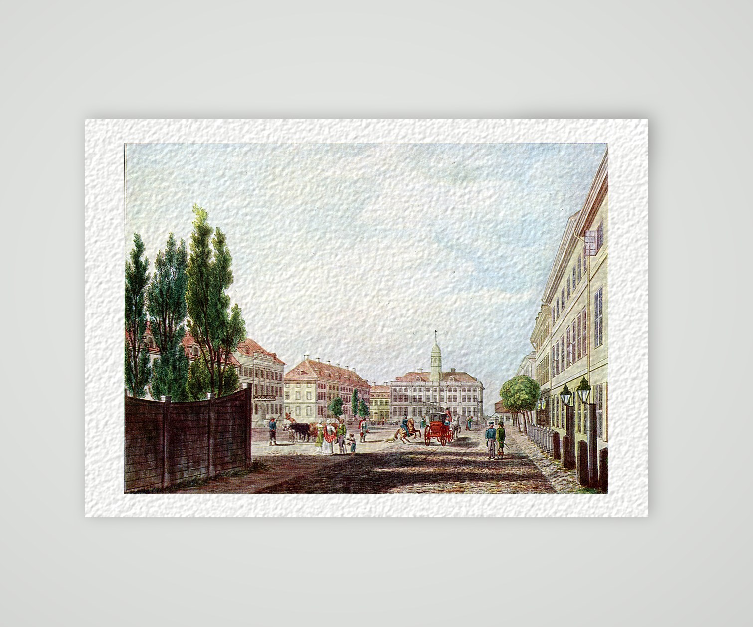 Elbing, der Friedrich-Wilhelm-Platz – Farbige Buchreproduktion nach Radierung, Kunstdruck auf Hahnemühle-Büttenpapier