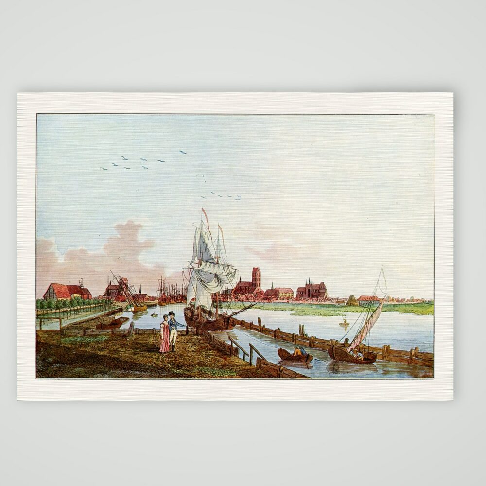 Wismar, Blick auf den Alten Hafen – Lithografie, Kunstdruck auf Leinenpapier