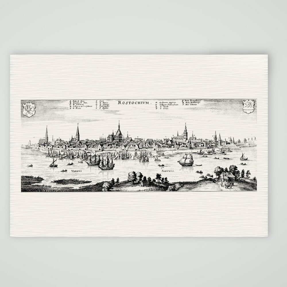 Rostock, Panorama von der Warnow – Kupferstich, Kunstdruck auf Leinenpapier