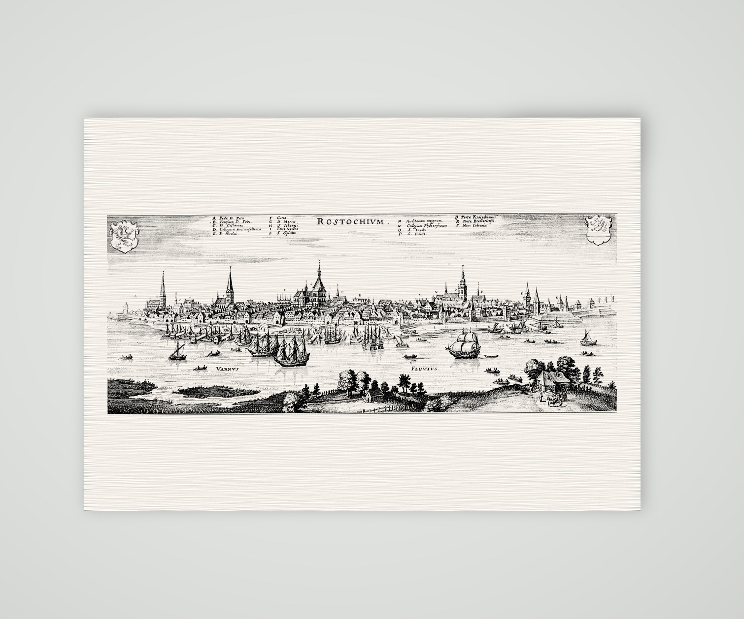 Rostock, Panorama von der Warnow – Kupferstich, Kunstdruck auf Leinenpapier