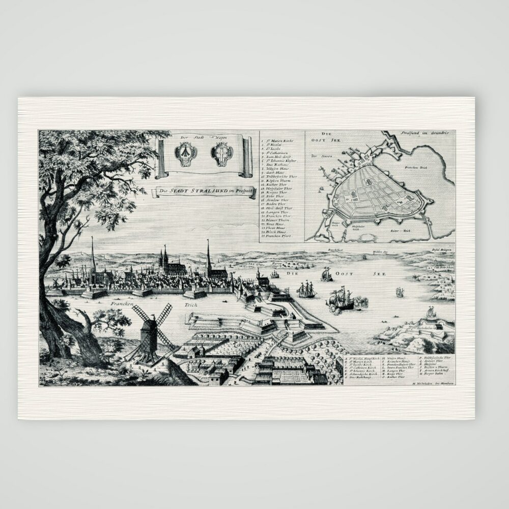 Stralsund im Prospect mit Grundriss und Wappen, Kupferstich von H. Westphalen um 1650, Kunstdruck auf Leinenpapier