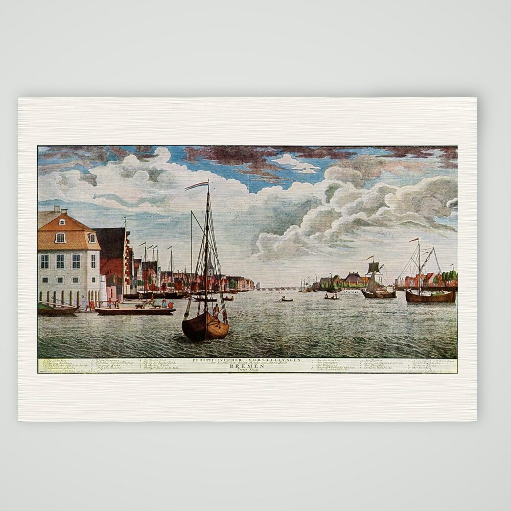 Bremen, Hafenszene an der Weser – Kupferstich, Kunstdruck auf Leinenpapier