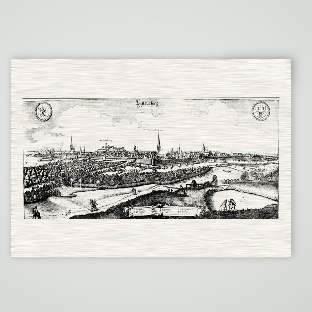 Lüneburg, Panorama mit dem Kalkberg – Kupferstich, Kunstdruck auf Leinenpapier