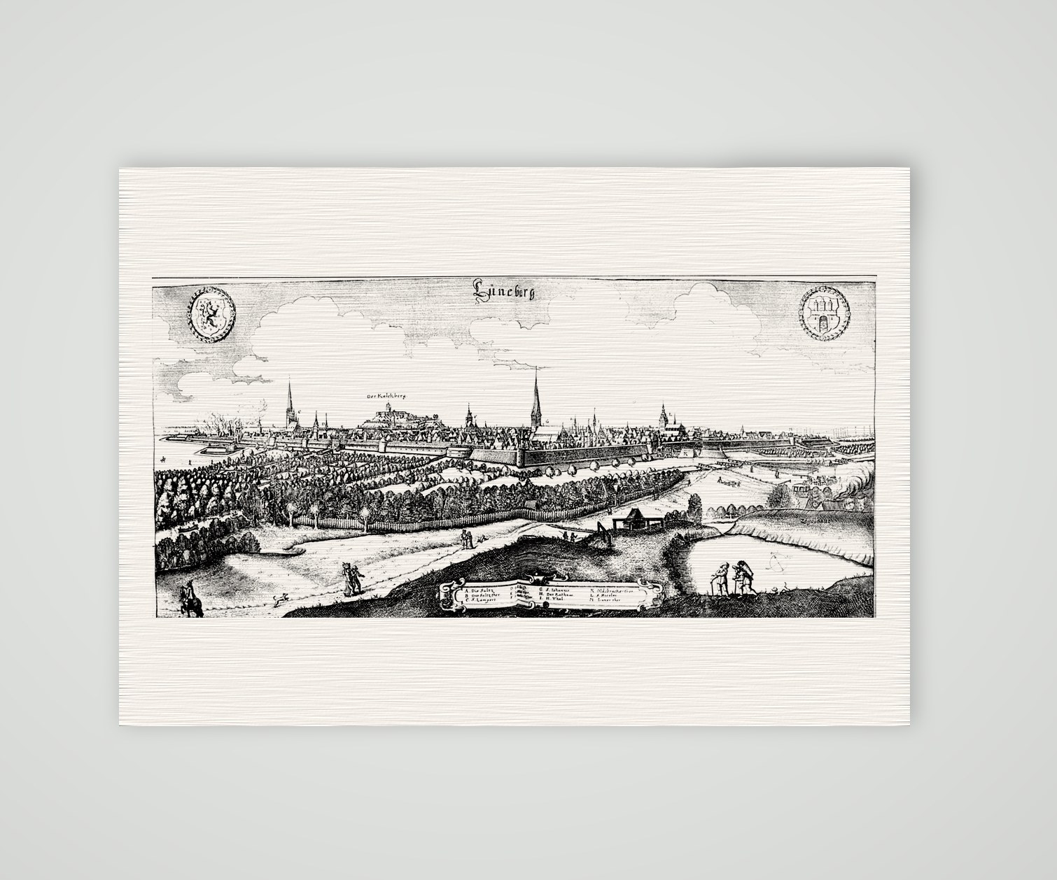 Lüneburg, Panorama mit dem Kalkberg – Kupferstich, Kunstdruck auf Leinenpapier
