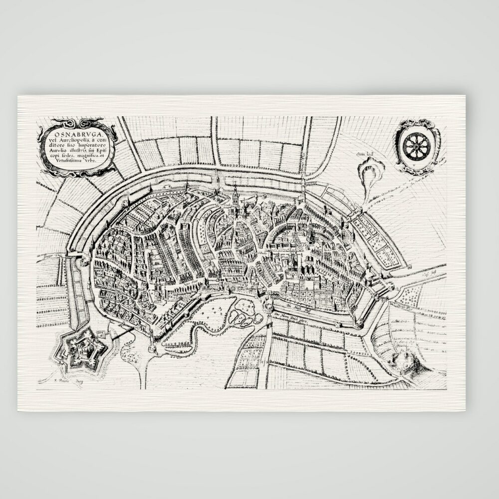Osnabrück, Stadtplan aus der Vogelschau – Kupferstich, Kunstdruck auf Leinenpapier