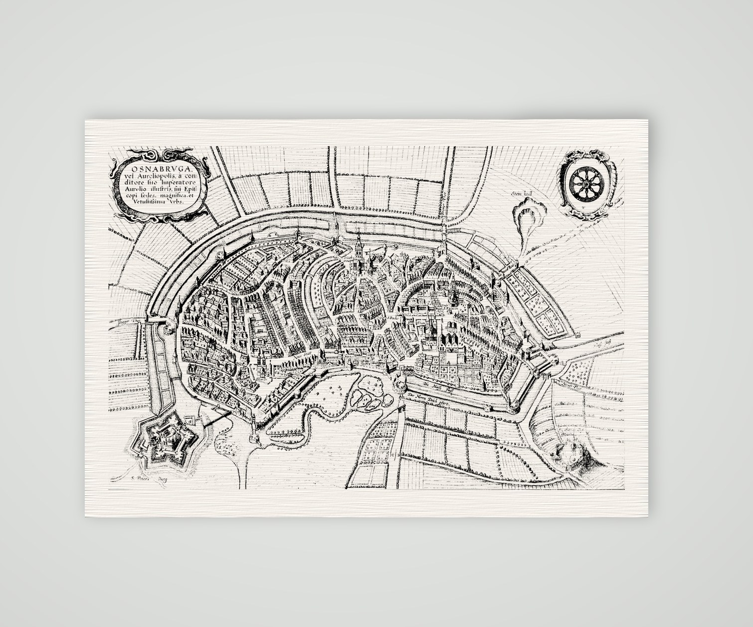 Osnabrück, Stadtplan aus der Vogelschau – Kupferstich, Kunstdruck auf Leinenpapier