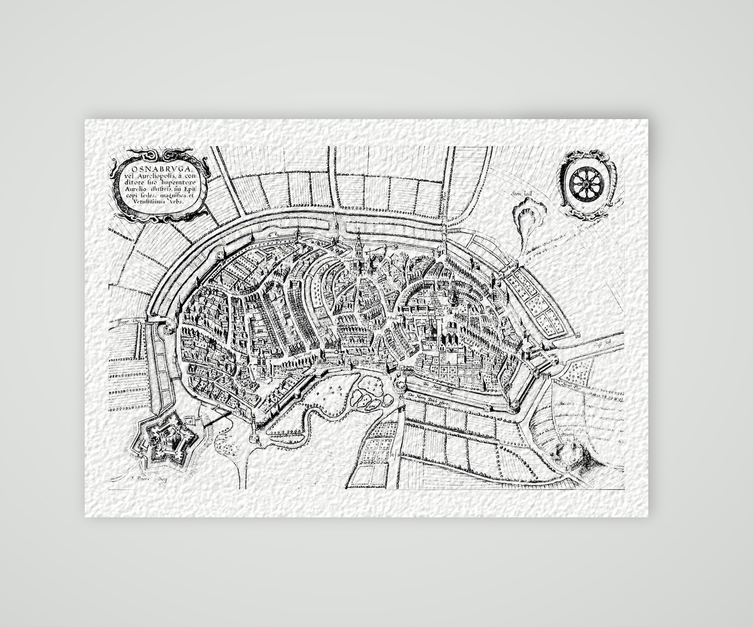 Osnabrück, Stadtplan aus der Vogelschau – Kupferstich, Kunstdruck auf Hahnemühle-Büttenpapier