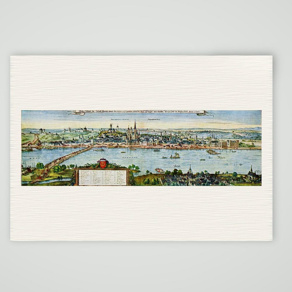 Mainz über den Rhein nach Merian – Kupferstich, Kunstdruck auf Leinenpapier