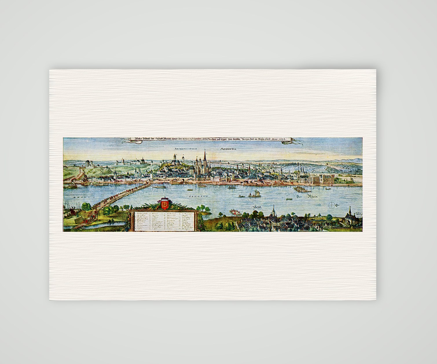 Mainz über den Rhein nach Merian – Kupferstich, Kunstdruck auf Leinenpapier