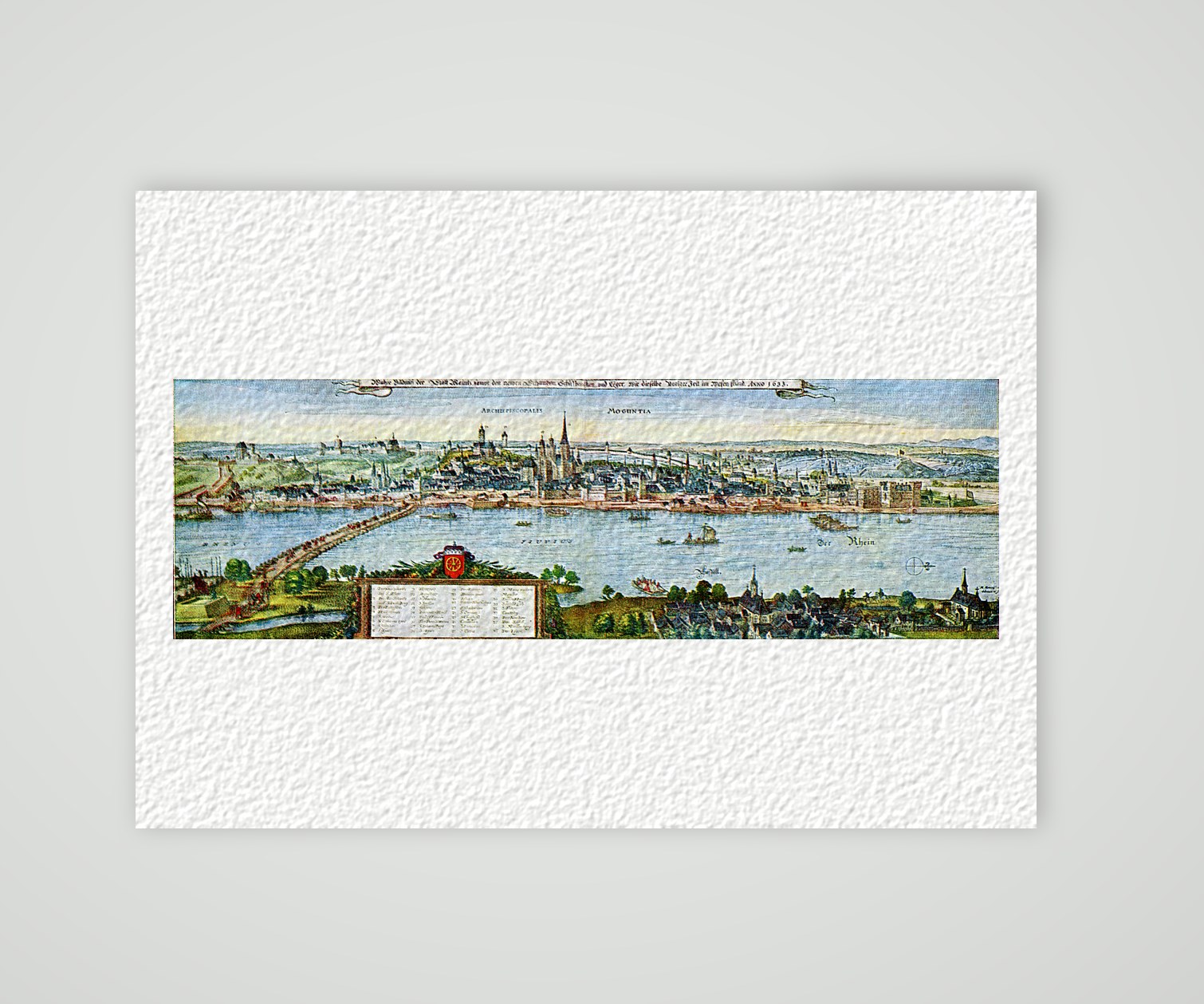 Mainz über den Rhein nach Merian – Kupferstich, Kunstdruck auf Hahnemühle-Büttenpapier