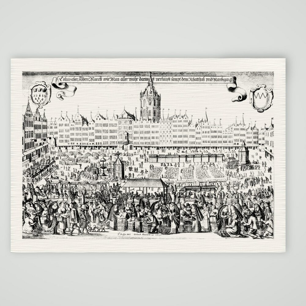 Köln, der Alte Markt am Markttag – Kupferstich, Kunstdruck auf Leinenpapier