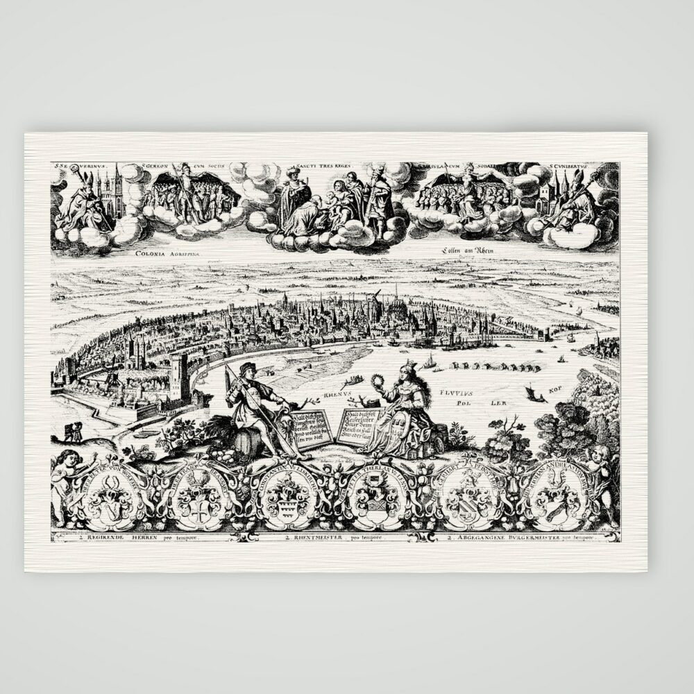 Köln, Prunkansicht mit Rhenus und Colonia – Kupferstich, Kunstdruck auf Leinenpapier