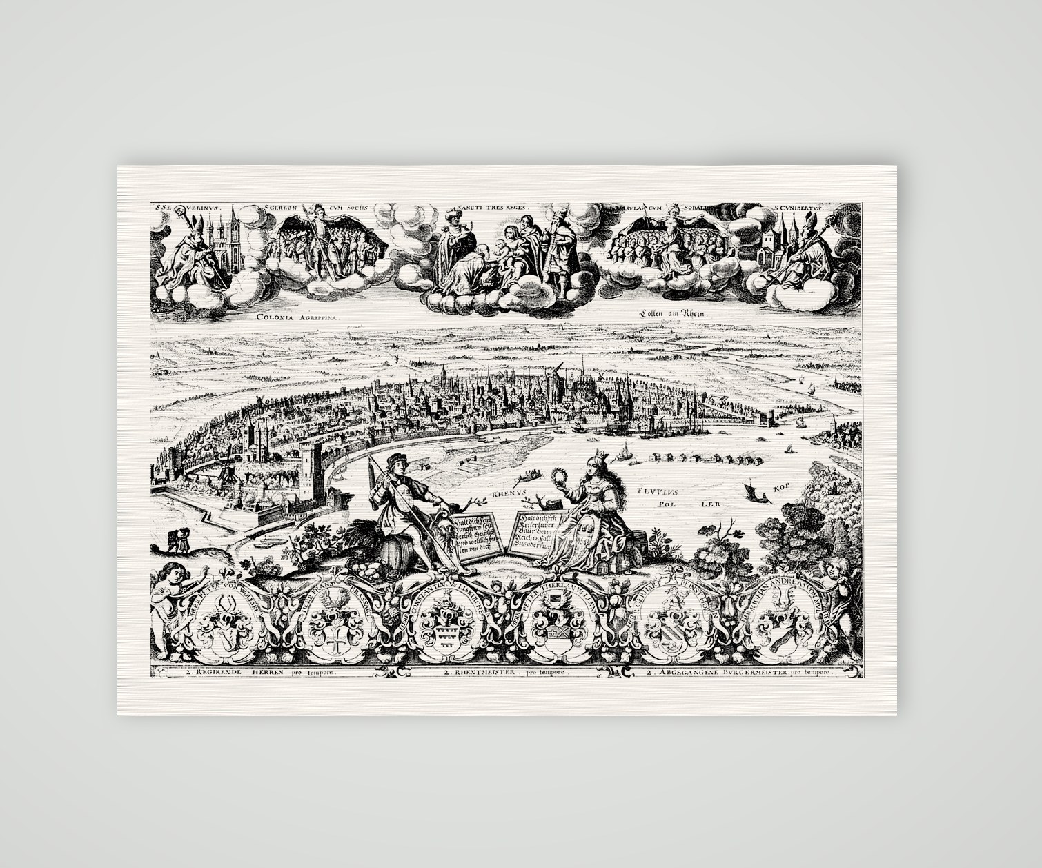 Köln, Prunkansicht mit Rhenus und Colonia – Kupferstich, Kunstdruck auf Leinenpapier