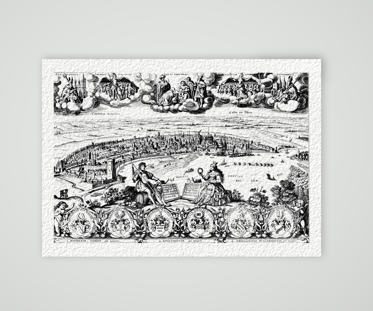 Köln, Prunkansicht mit Rhenus und Colonia – Kupferstich, Kunstdruck auf Hahnemühle-Büttenpapier