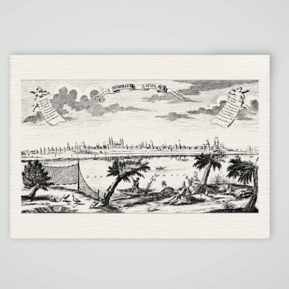 Worms, Panorama über den Rhein – Kupferstich, Kunstdruck auf Leinenpapier
