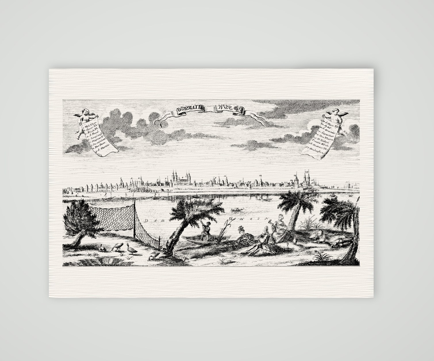 Worms, Panorama über den Rhein – Kupferstich, Kunstdruck auf Leinenpapier