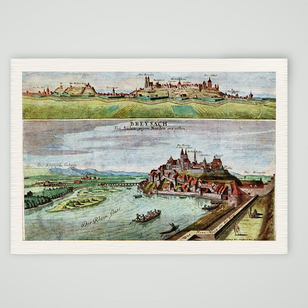 Breisach am Rhein, zwei Ansichten – Kupferstich, Kunstdruck auf Leinenpapier