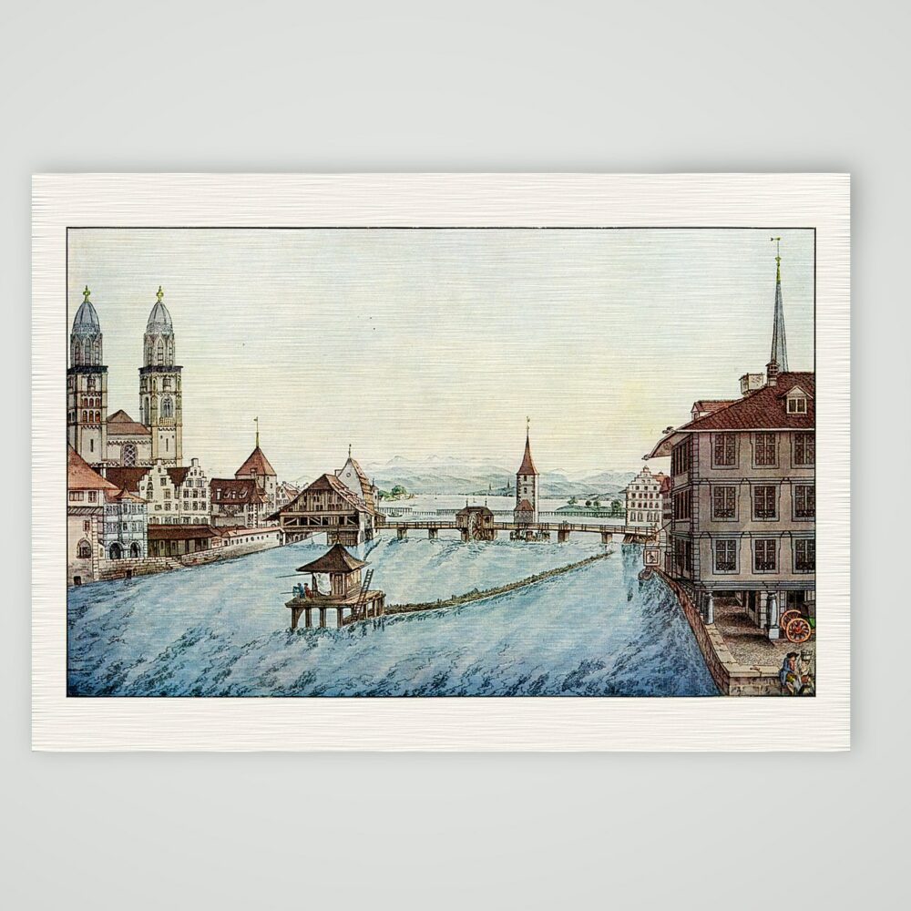 Zürich, Blick über die Limmat zum Großmünster – Umrissstich, Kunstdruck auf Leinenpapier