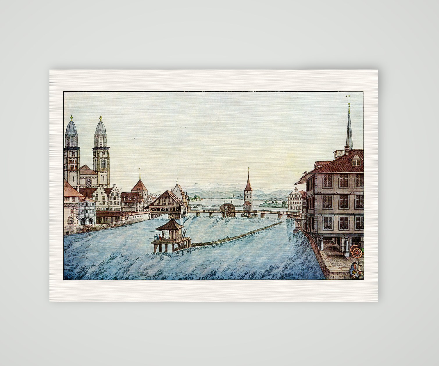 Zürich, Blick über die Limmat zum Großmünster – Umrissstich, Kunstdruck auf Leinenpapier