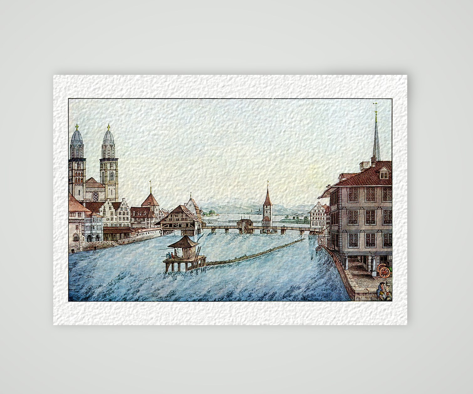 Zürich, Blick über die Limmat zum Großmünster – Umrissstich, Kunstdruck auf Hahnemühle-Büttenpapier