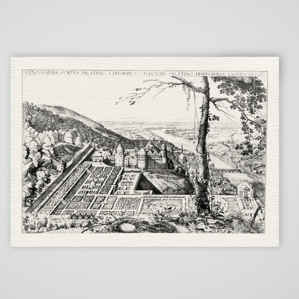 Heidelberg, der Hortus Palatinus – Kupferstich, Kunstdruck auf Leinenpapier