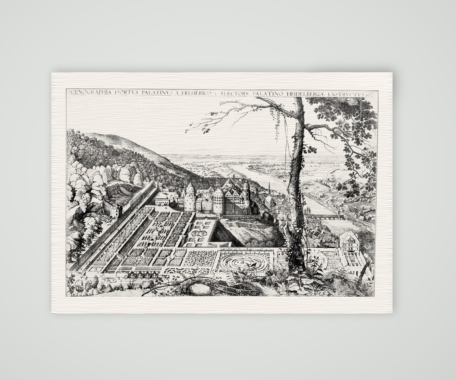 Heidelberg, der Hortus Palatinus – Kupferstich, Kunstdruck auf Leinenpapier