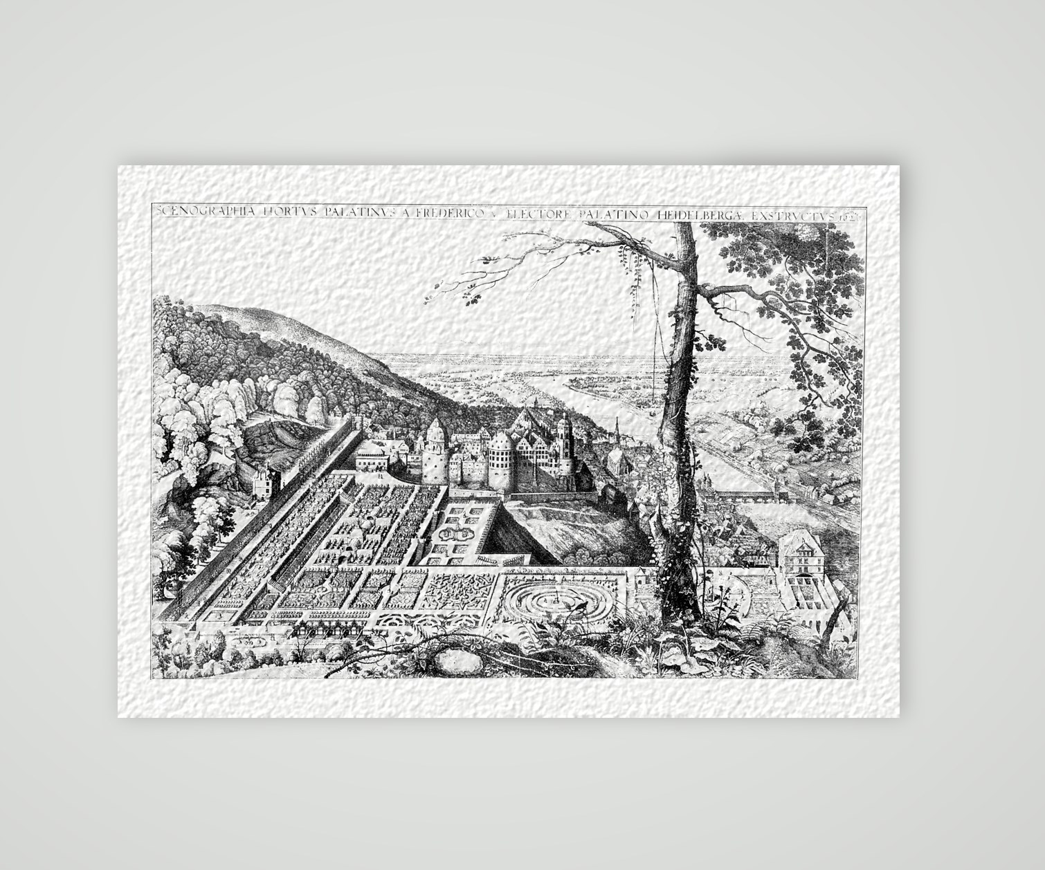 Heidelberg, der Hortus Palatinus – Kupferstich, Kunstdruck auf Hahnemühle-Büttenpapier