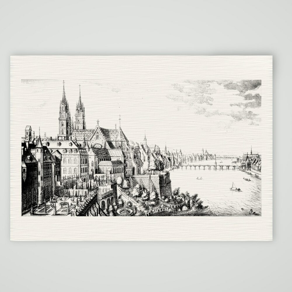 Basel, Münster und Rheinbrücke – Kupferstich, Kunstdruck auf Leinenpapier
