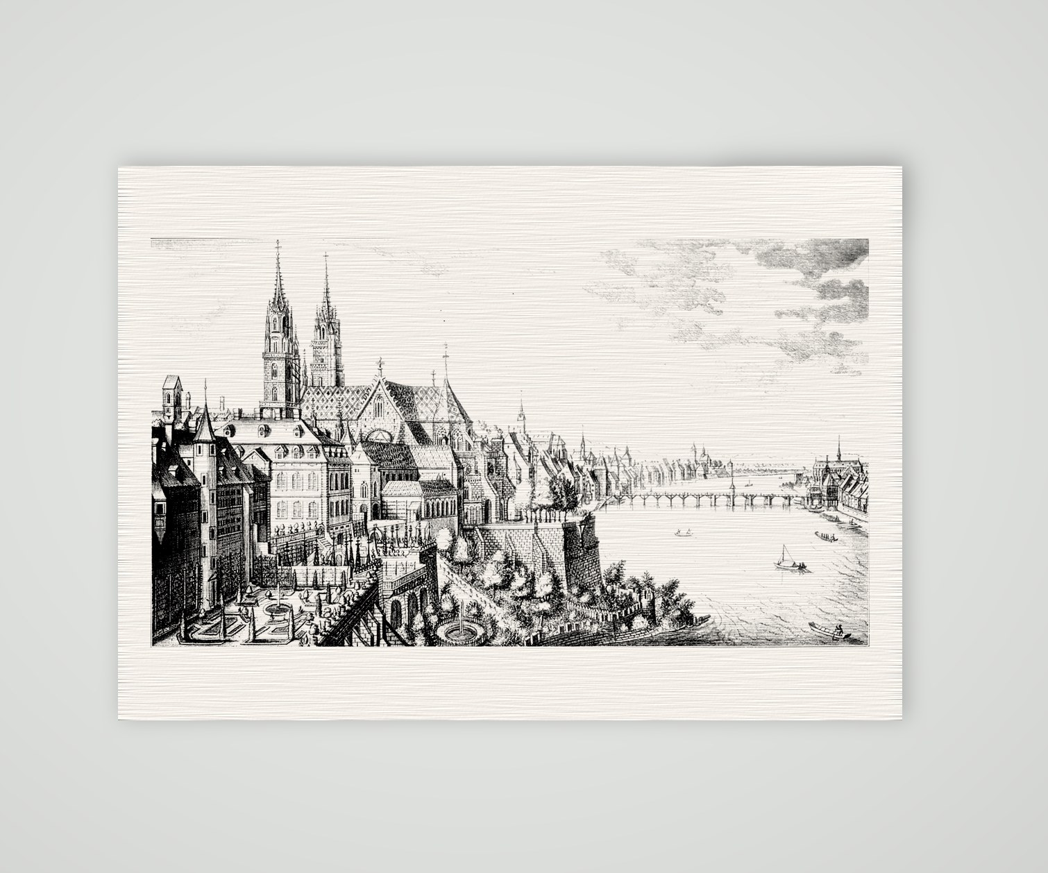 Basel, Münster und Rheinbrücke – Kupferstich, Kunstdruck auf Leinenpapier