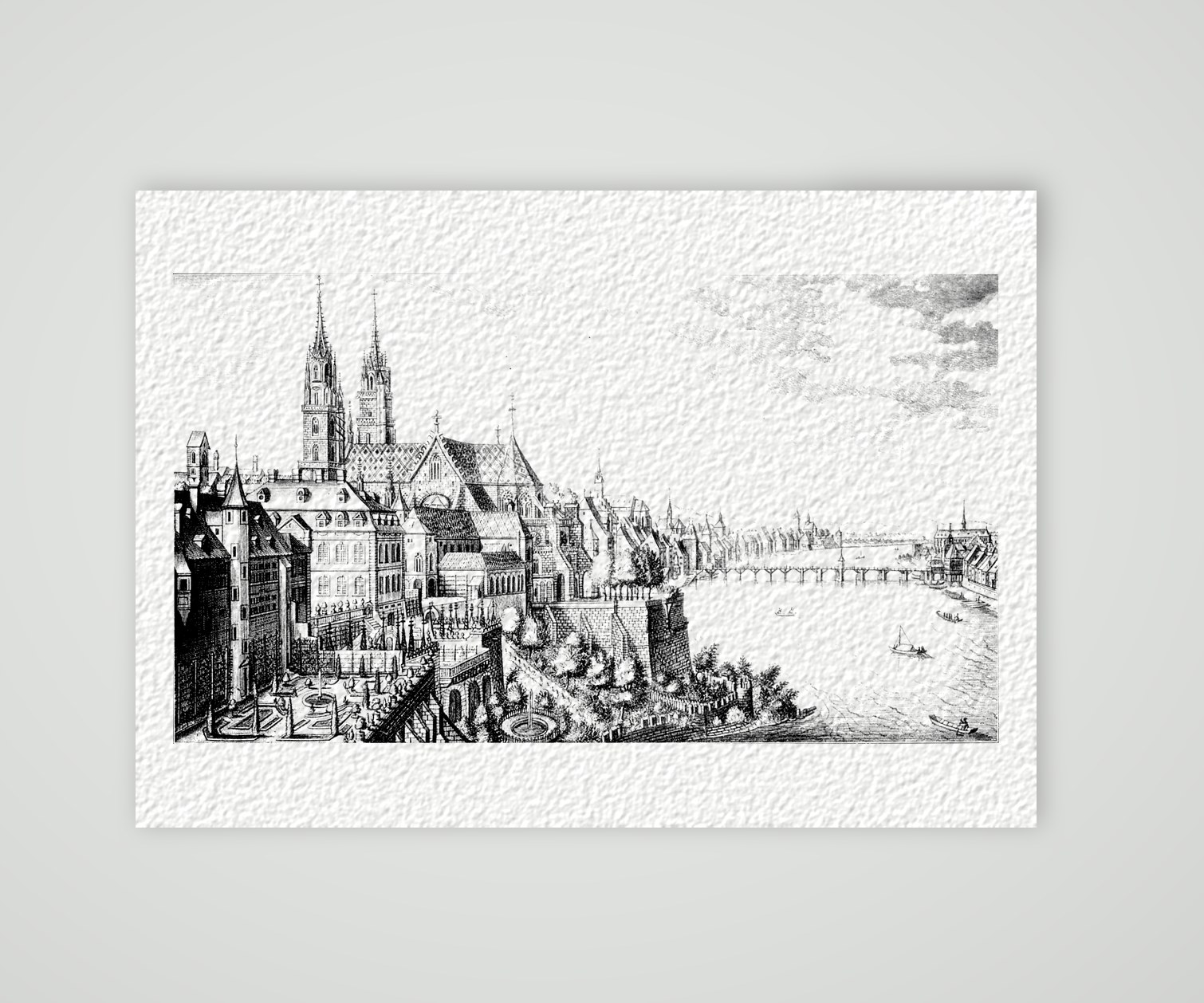 Basel, Münster und Rheinbrücke – Kupferstich, Kunstdruck auf Hahnemühle-Büttenpapier