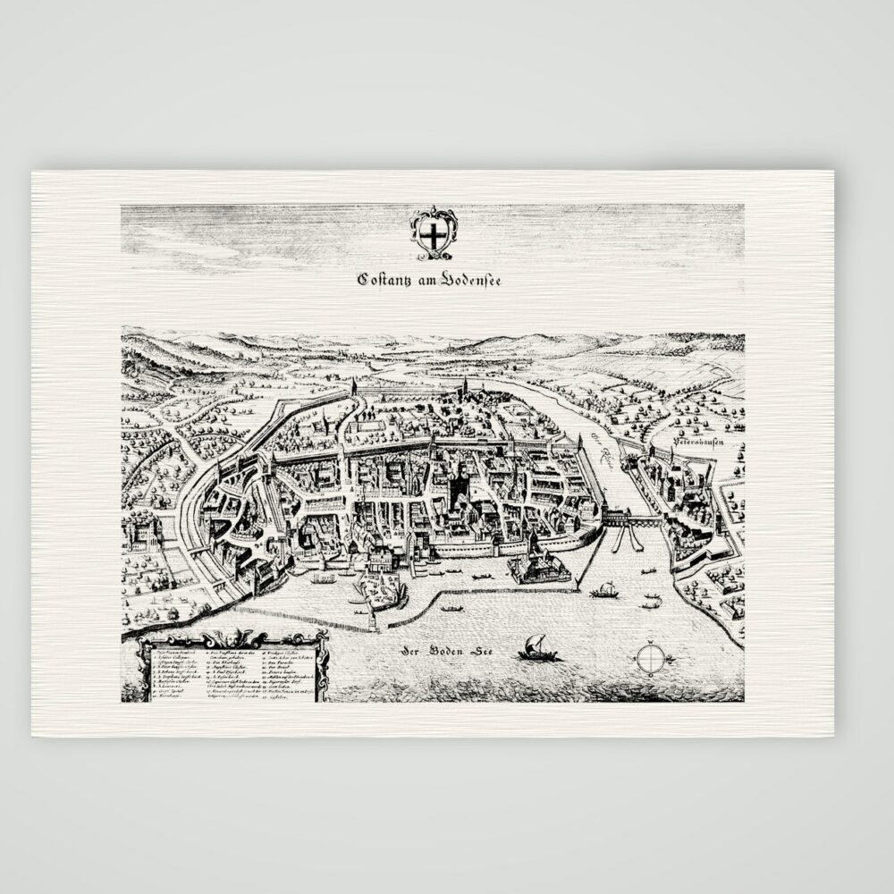 Konstanz am Bodensee aus der Vogelschau – Kupferstich, Kunstdruck auf Leinenpapier