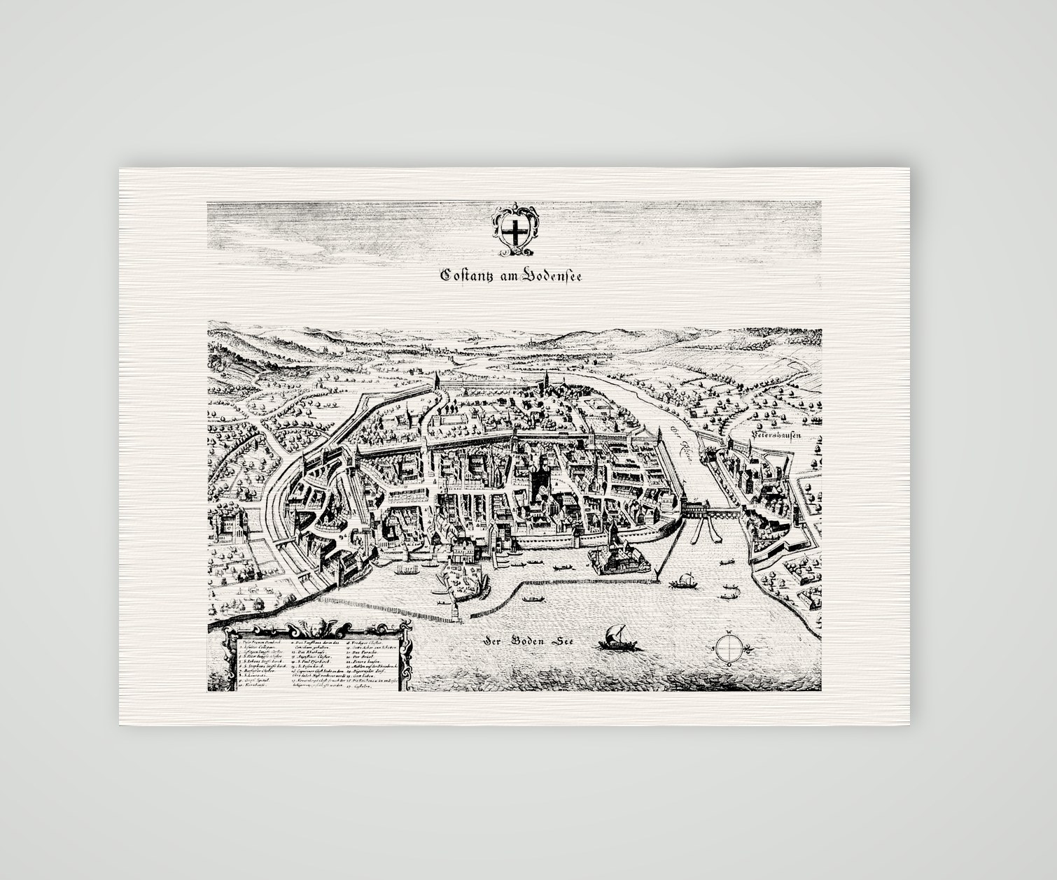 Konstanz am Bodensee aus der Vogelschau – Kupferstich, Kunstdruck auf Leinenpapier