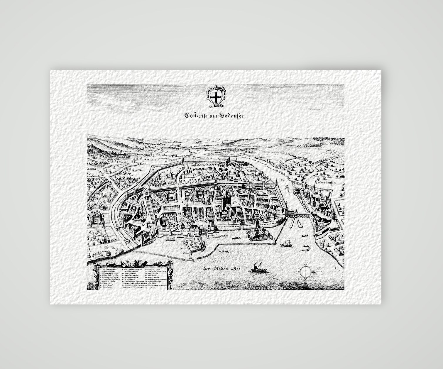 Konstanz am Bodensee aus der Vogelschau – Kupferstich, Kunstdruck auf Hahnemühle-Büttenpapier