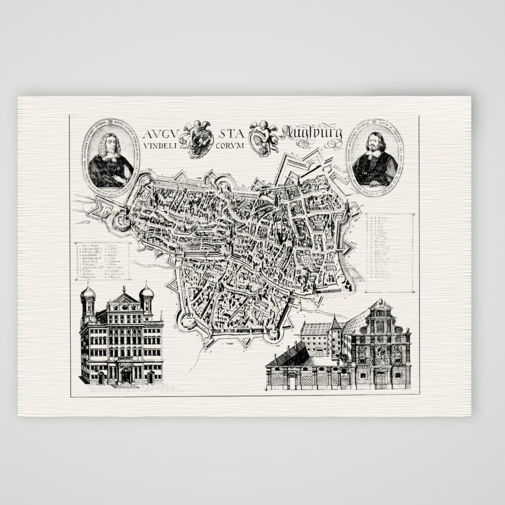 Augsburg, Befestigungsplan mit Rathaus und Zeughaus – Kupferstich, Kunstdruck auf Leinenpapier