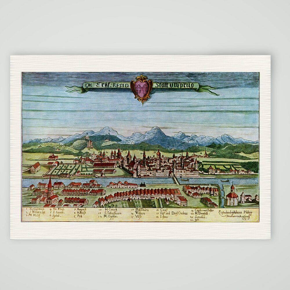 Innsbruck, Stadtansicht um 1700 – Kupferstich, Kunstdruck auf Leinenpapier