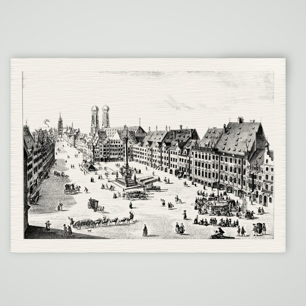 München, der Marienplatz aus der Vogelschau – Kupferstich, Kunstdruck auf Leinenpapier