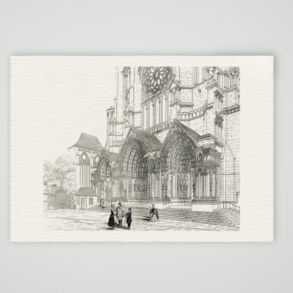 Chartres, Nordportal der Kathedrale mit Figurenschmuck und Rosette, Stahlstich aus Paynes Universum um 1860, Kunstdruck auf Leinenpapier