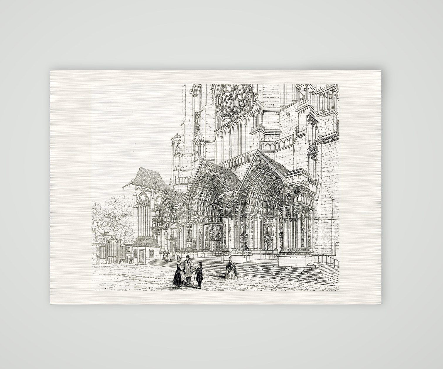 Chartres, Nordportal der Kathedrale mit Figurenschmuck und Rosette, Stahlstich aus Paynes Universum um 1860, Kunstdruck auf Leinenpapier