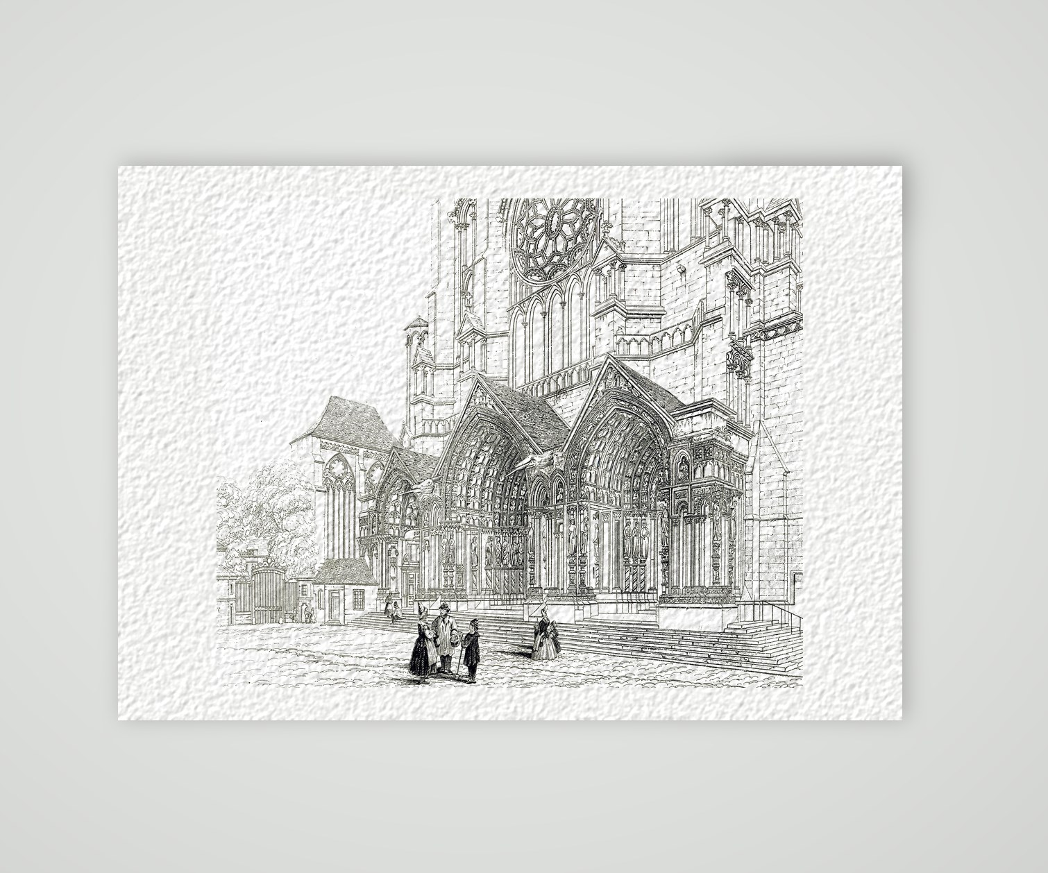 Chartres, Nordportal der Kathedrale mit Figurenschmuck und Rosette, Stahlstich aus Paynes Universum um 1860, Kunstdruck auf Hahnemühle-Büttenpapier